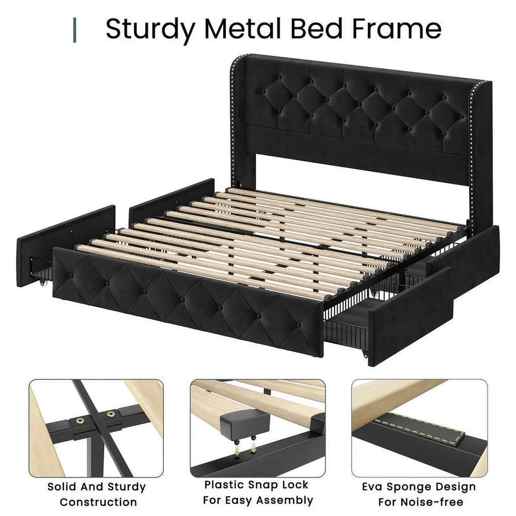 LARMACE Queen Size Platform Bed Frame with 4 Storage Drawers and Tufted Headboard Linen Upholstered Bed Wingback Bed Frame with Wooden Slats Support, Easy Assembly, Light Grey