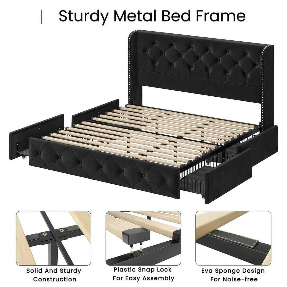 LARMACE Queen Size Platform Bed Frame with 4 Storage Drawers and Tufted Headboard Linen Upholstered Bed Wingback Bed Frame with Wooden Slats Support, Easy Assembly, Light Grey