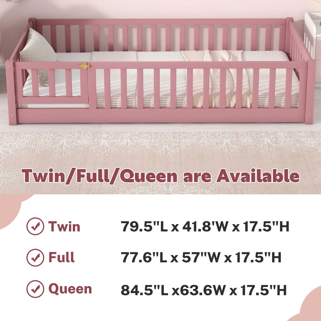 PAPROOS Twin Size Floor Bed, Solid Wood Toddler Bed with Slat, Fence Guardrail and Door, No Box Spring Needed, Montessori Bed, Twin Bed for Kids, Boys, Girls, Gray
