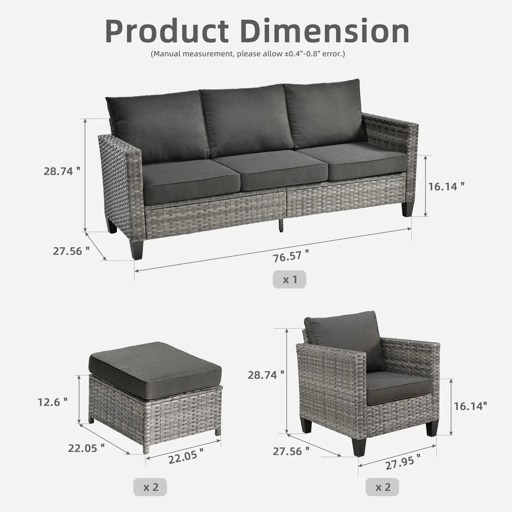 Ovios 5 Pieces Outdoor Patio Furniture Set Wicker Rattan Outdoor Conversation Comfortable Sectional Sofa with Steel Frame, Grey