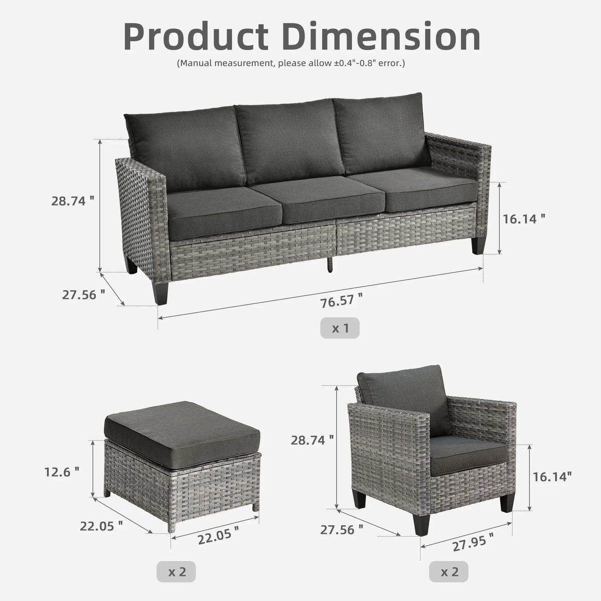 Ovios 5 Pieces Outdoor Patio Furniture Set Wicker Rattan Outdoor Conversation Comfortable Sectional Sofa with Steel Frame, Grey