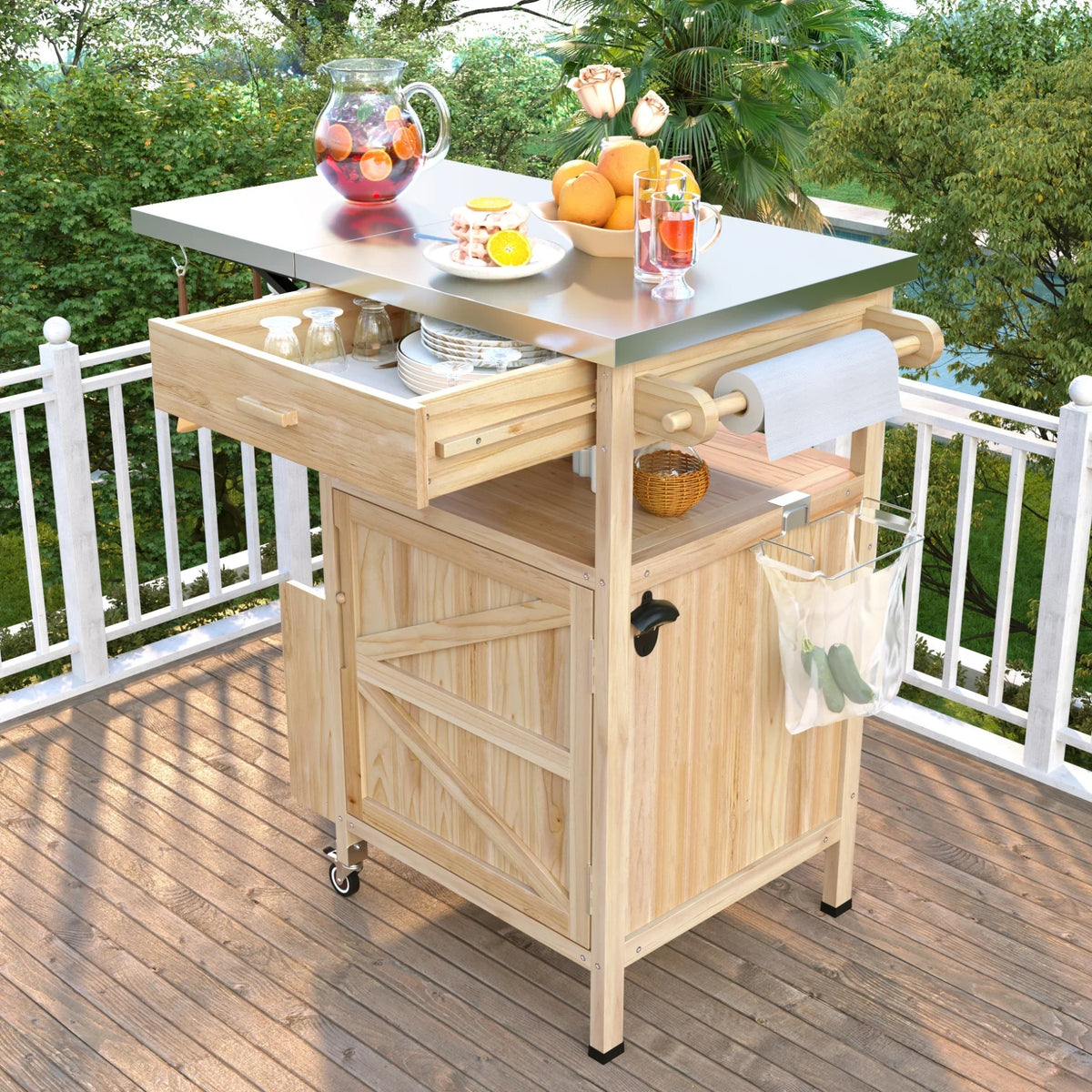 Solid Wood Outdoor Kitchen Island with Drop Leaf, Grill Table with Stainless Steel Table Top, Outdoor Bar Cart & Storage Cabinet with Lockable Wheels, Drawer, Spice Rack, Blue Grey