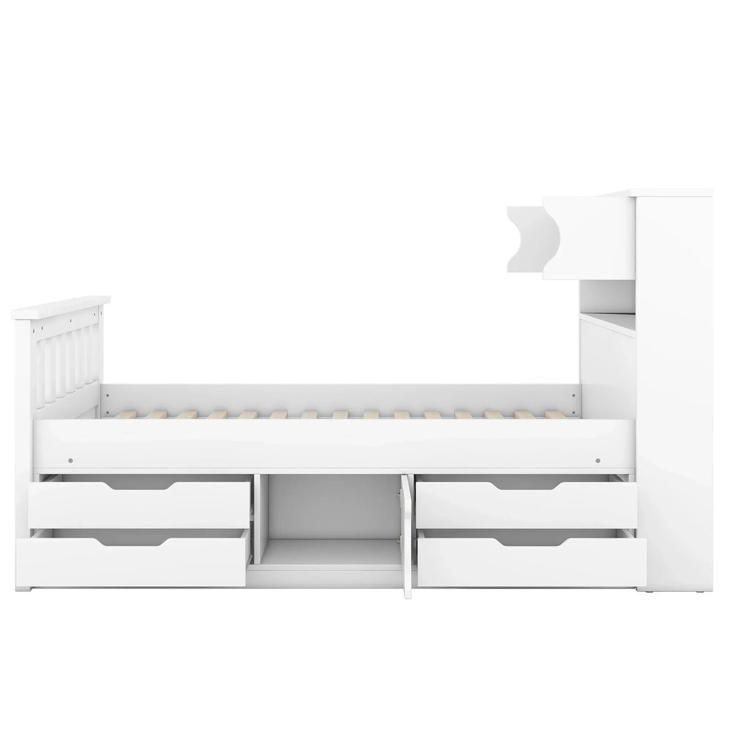 Euroco Wood Twin Size Platform Bed with Storage Headboard, Captain Bed with 4 Drawers, Bookcase and Cabinets, Gray