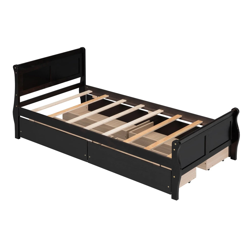 Full Size Wood Platform Bed with 4 Drawers,Storage Bed Frame with Streamlined Headboard and Footboard for Kids, Teens, Boys, Girls,Wooden Slats Support, No Box Spring Needed,Oak