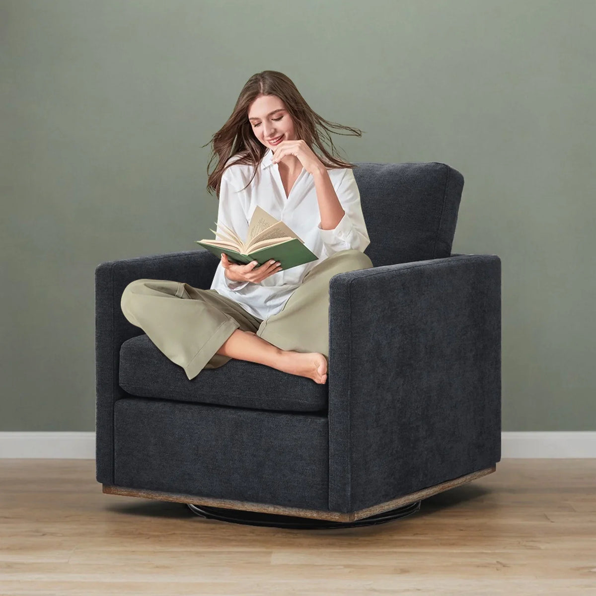 Swivel Accent Chair"360 Degree Square Swivel Chair for Living Room, Mid Century Modern Upholstered Swivel Barrel Chair,Comfy Sofa Armchairs for Bedroom,Nursery,Chenille(Beige)