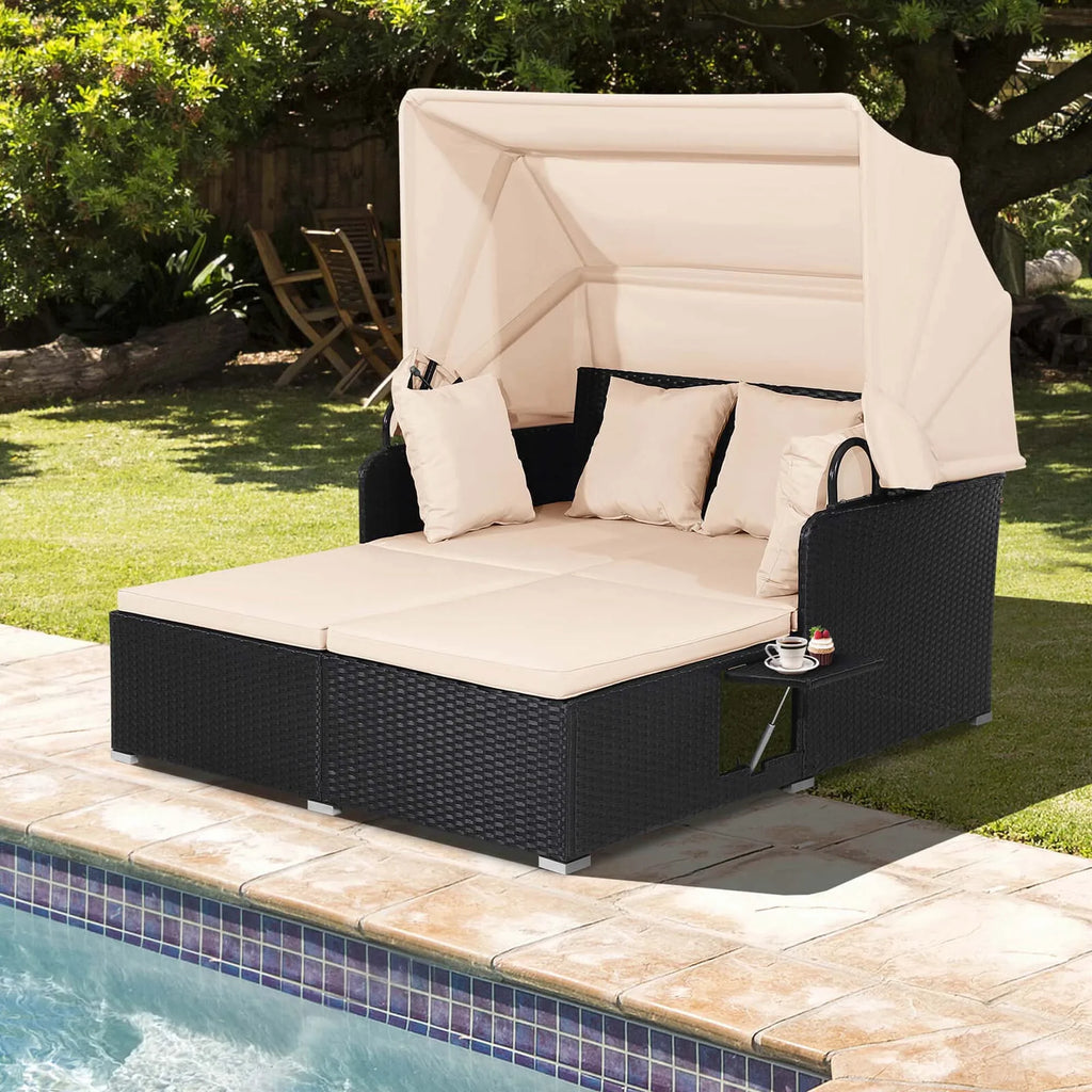 Costway Patio Rattan Daybed Lounge Retractable Top Canopy Side Tables Cushions Red
