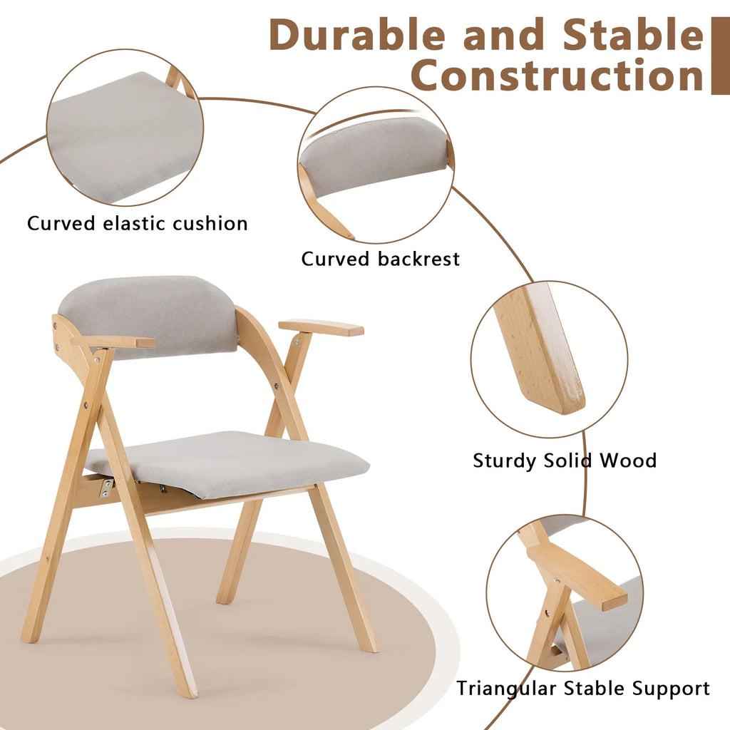 Ktaxon Folding Chairs Rubber Wood Frame Foldable Event Chairs Padded Diner Chairs for Office and Party Reading Dining Set of 2 Light Gray
