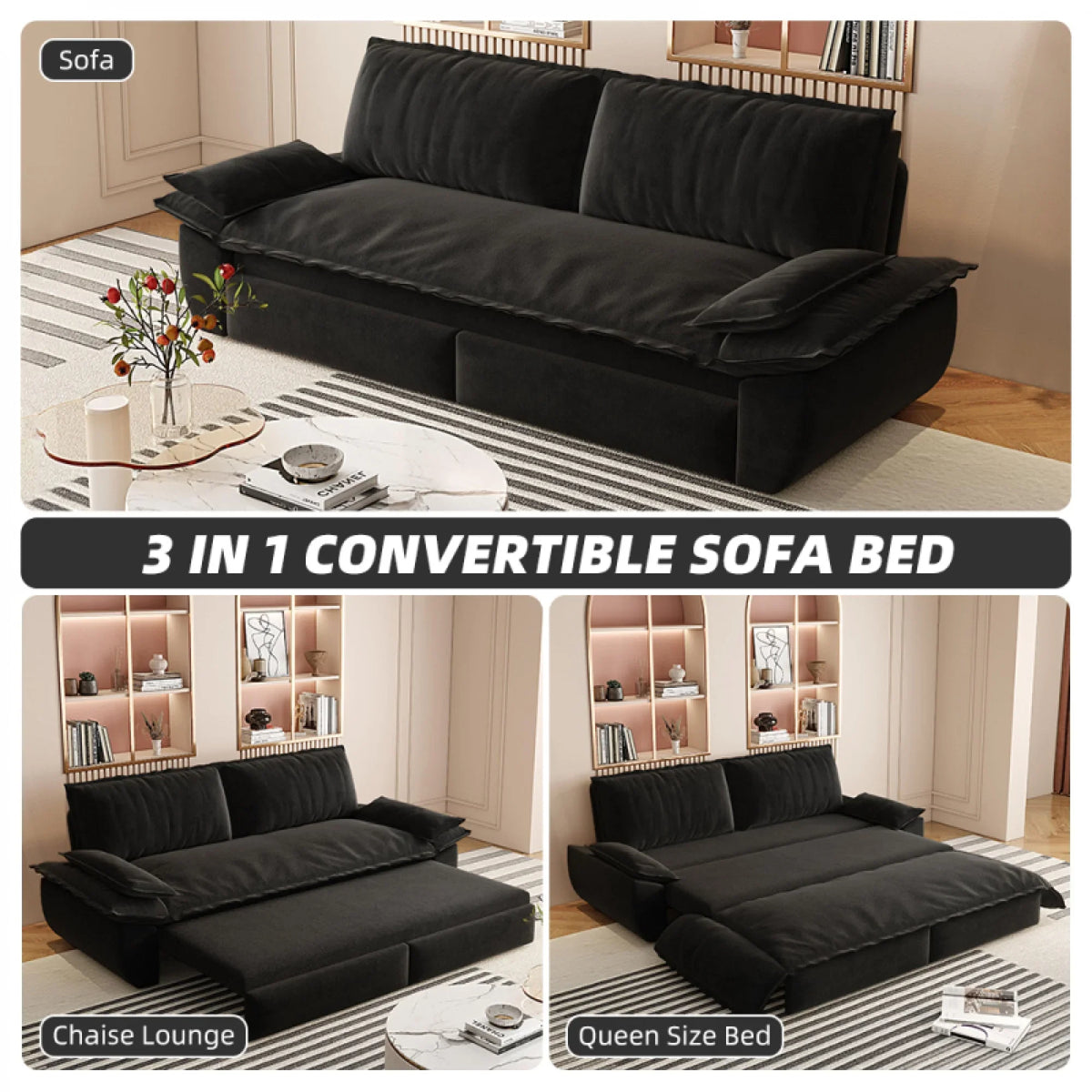 66" Queen Pull Out Sofa Bed, 3-in-1 Convertible Sleeper Sofa with Side Storage,Multi-Functional Velvet Loveseat Bed for Living Room,Bedroom