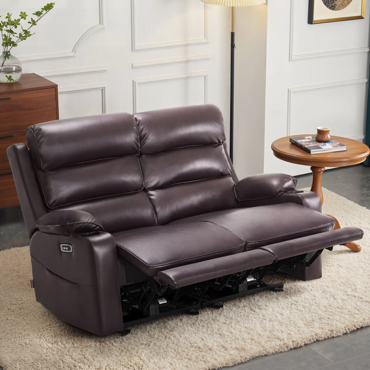 MCombo 63.4" Power Loveseat Recliner Sofa with Adjustable Headrest, Heat and Massage for Living Room, Faux Leather(Light Grey)