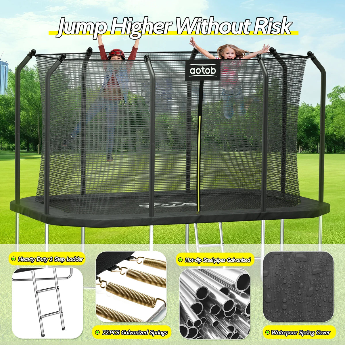 AOTOB 14X8FT Rectangle Trampoline - Perfect Outdoor Trampoline for Kids - Gymnastics Style Tranpoline with Enclosure Net - Supports Up to 440 lbs