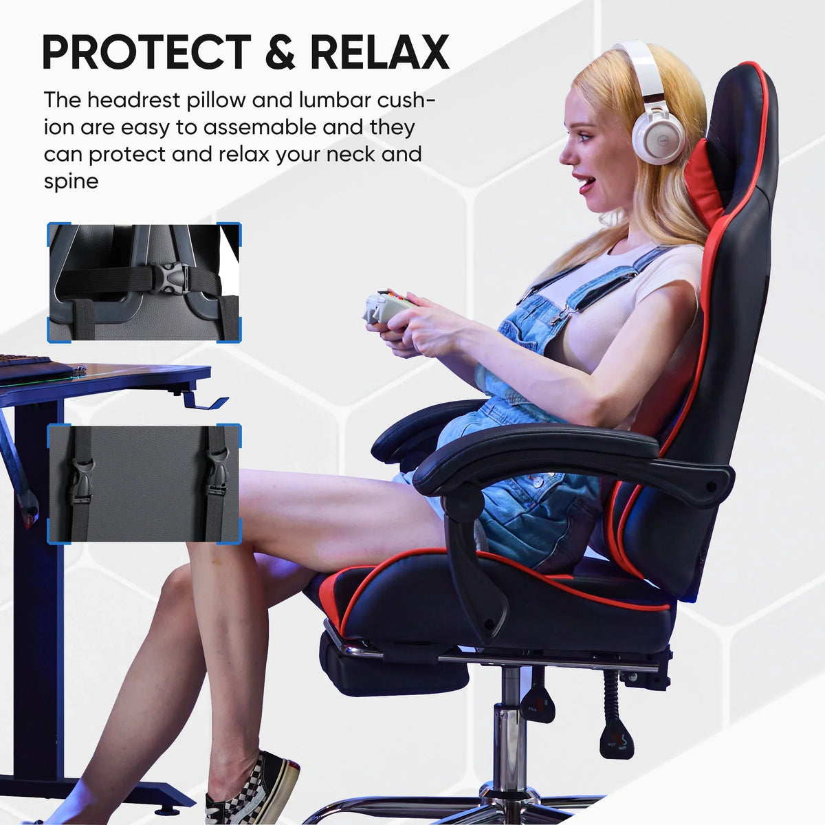 MCQ Ergonomic Swivel Gaming Chair with Headrest Lumbar Support for Home Office, Black and Grey