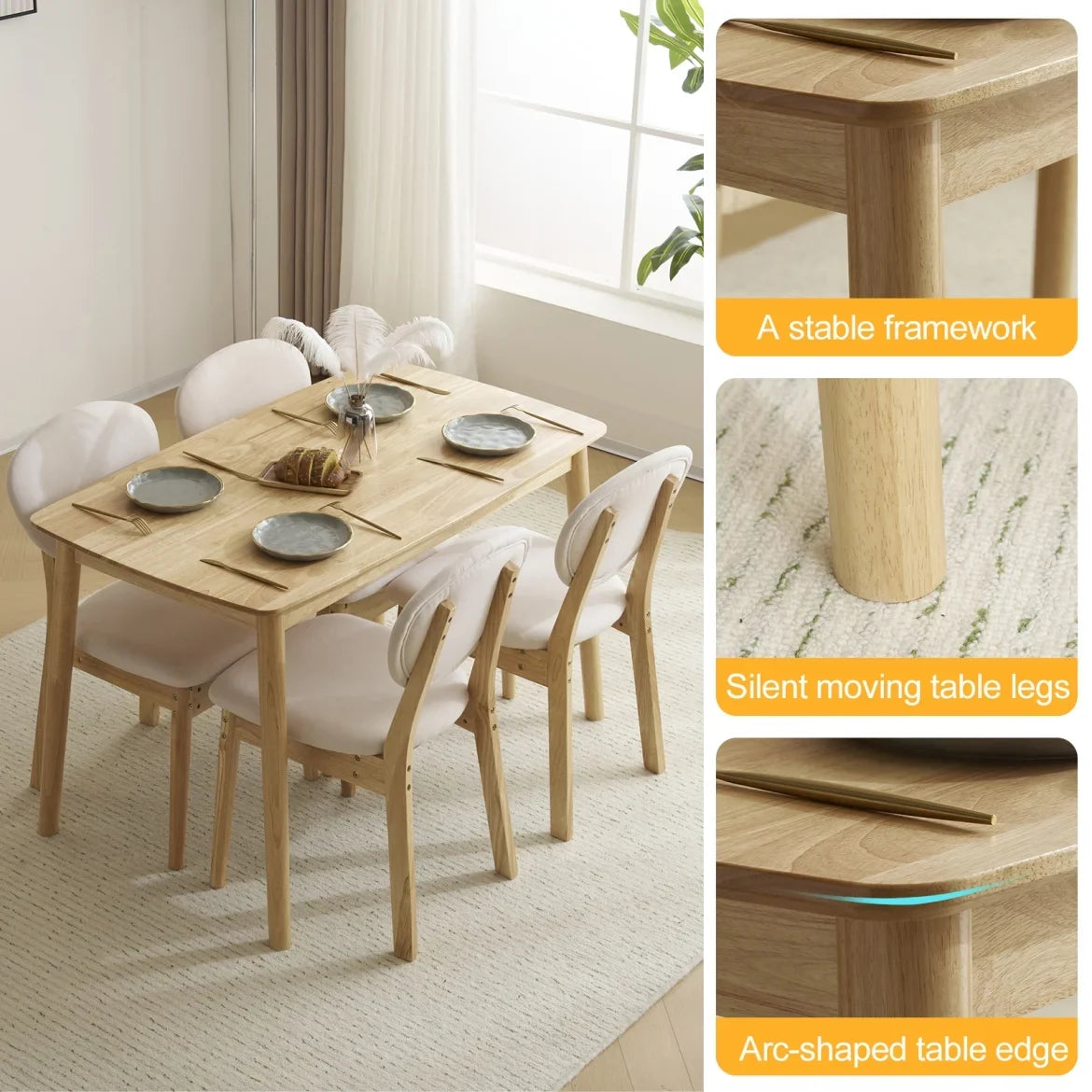 5-Piece Wooden Kitchen Table and Chair Set, Dinette Sets with 1 Rectangular Table and 4 Upholstered Chairs, Space-Saving Dining Table Set for 4, Natural