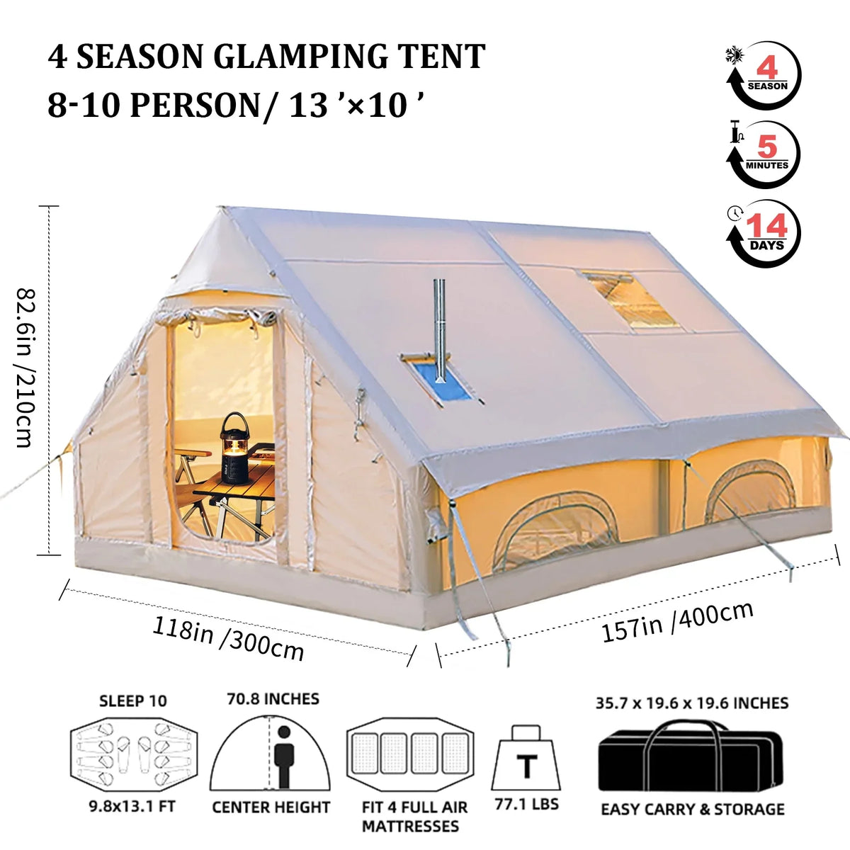 Inflatable Camping Tents 4/6/8/10 Person,129 Square Feets Large Blow up Tent with Stove Jack