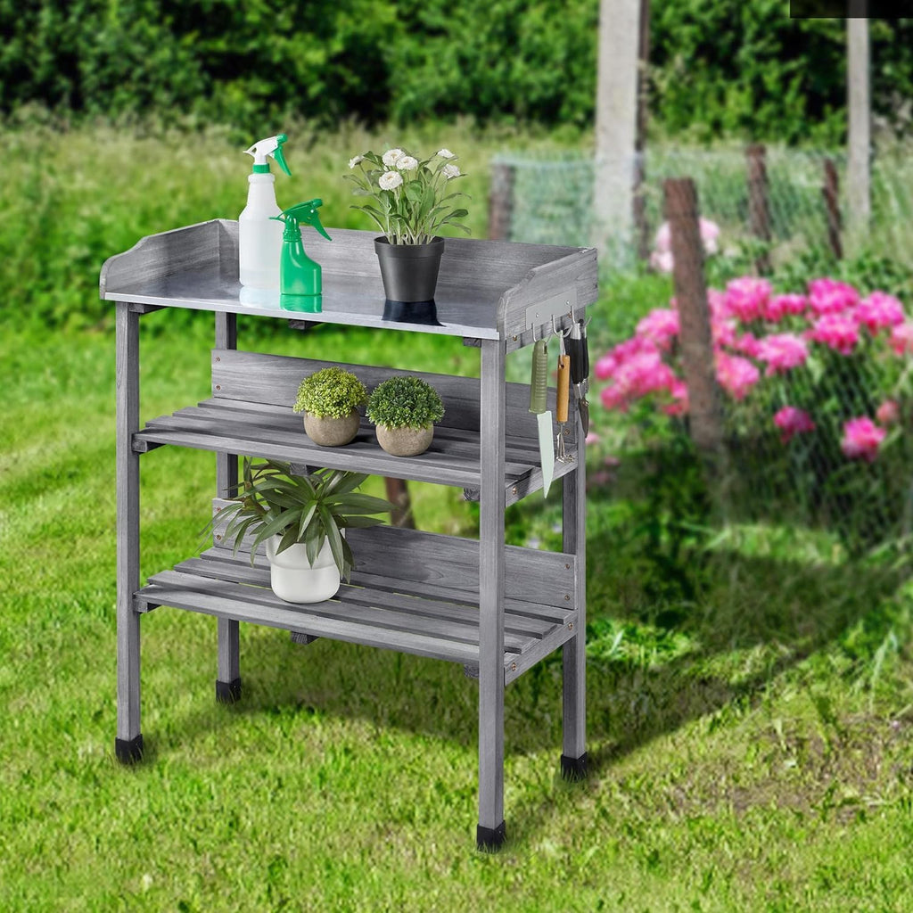 Garden Potting Table Horticulture Potting Bench w/Storage Shelf W/Metal Tabletop w/Hook 3 Shelves Workstation Work Benches Station, Gray