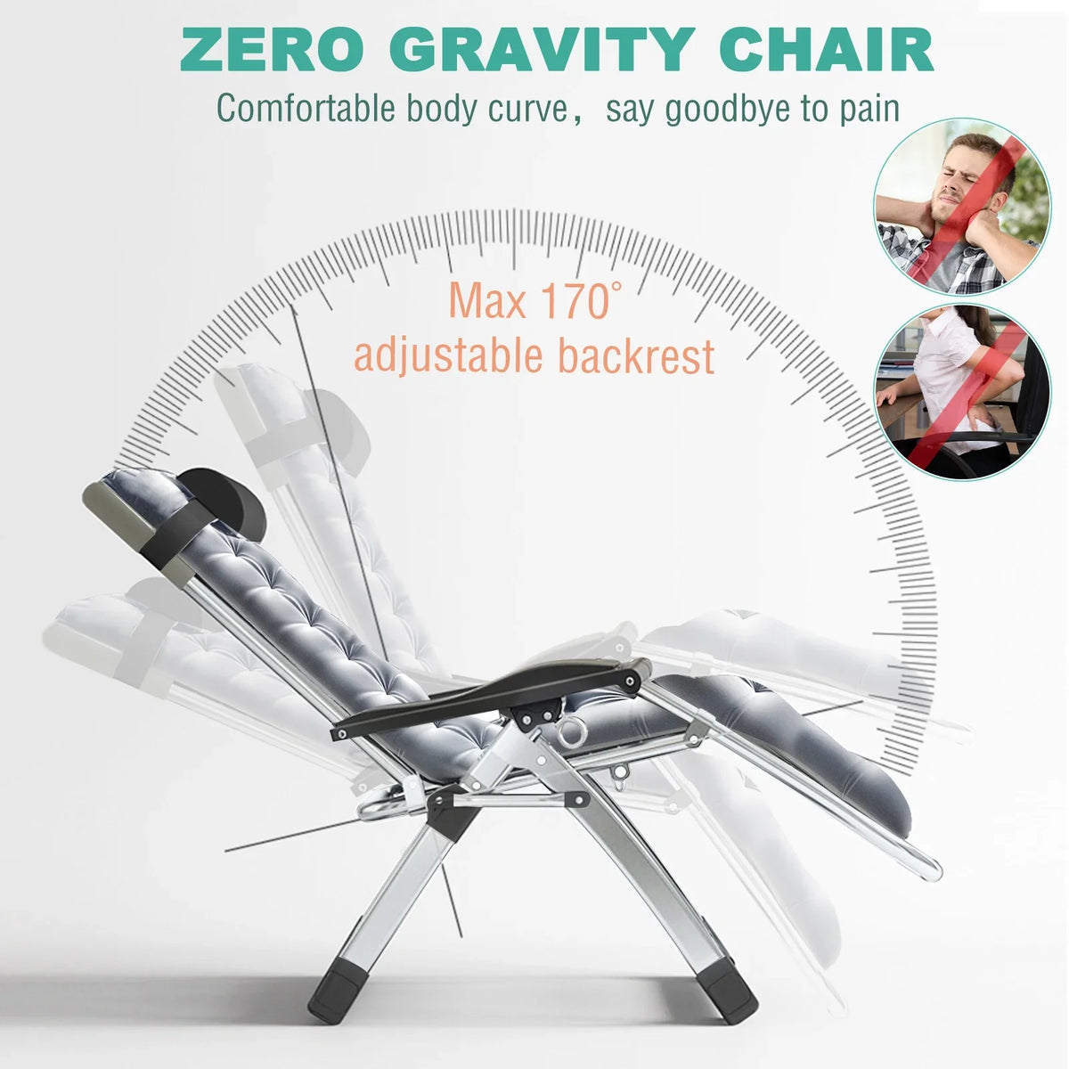 NAIZEA Zero Gravity Chair with Removable Cushion and Cup Holder Black