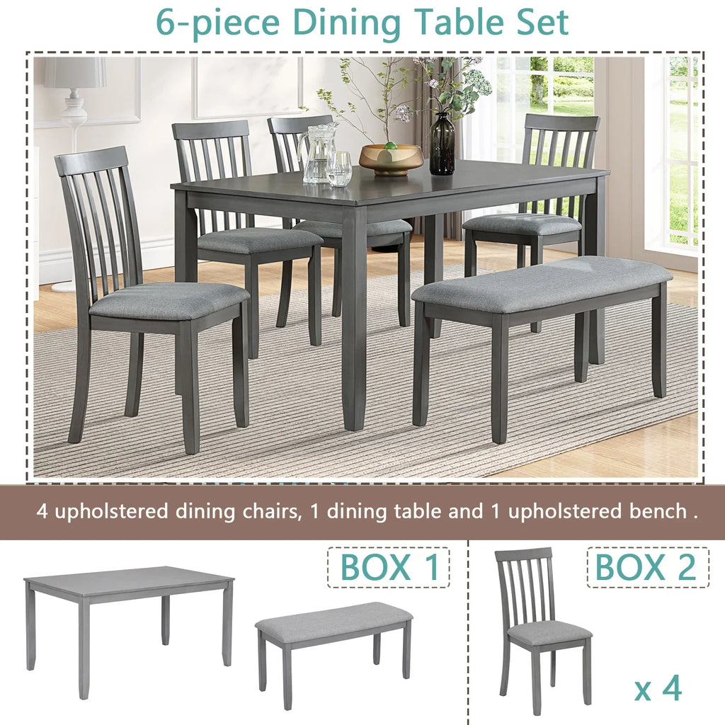 Dining Room Set, LEGAHOME 6 Piece Dining Sets with Bench and Chairs, Solid Wood Kitchen Dining Table Set for 6 with Upholstered Chairs, Gray