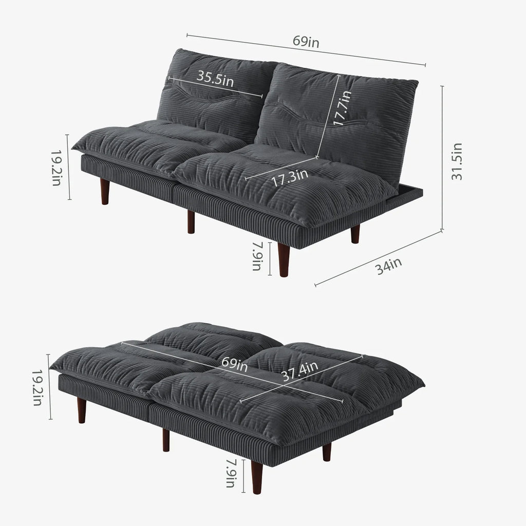 LLappuil 71" Corduroy Futon Convertible Sofa Bed, Loveseat Sleeper Sofa Couch for Living Room Apartment Beige