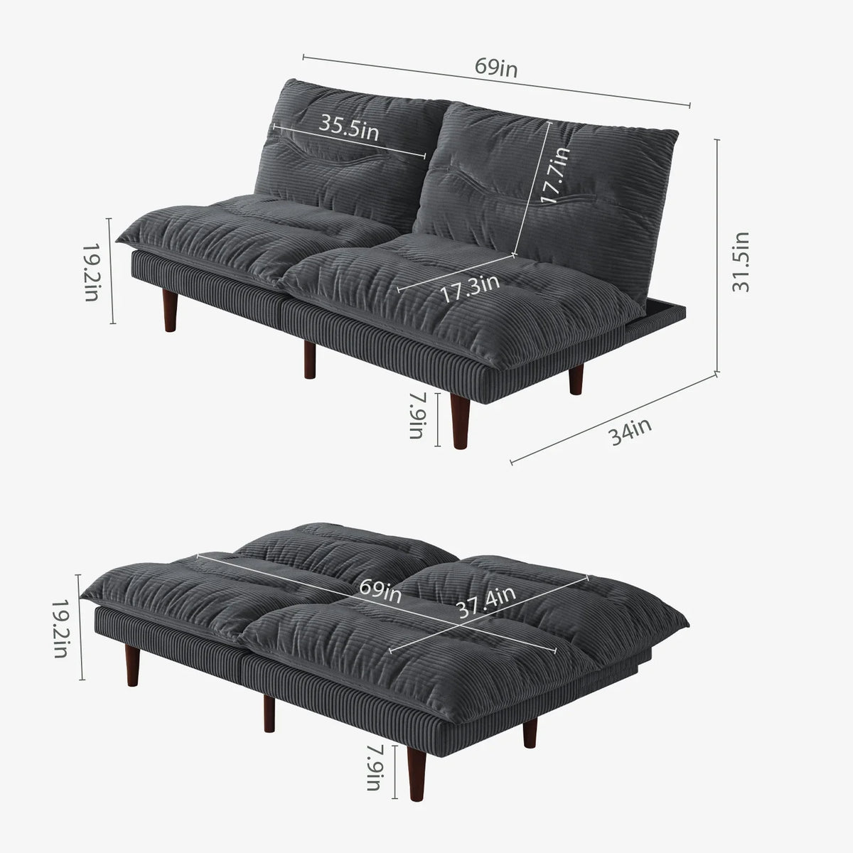 LLappuil 71" Corduroy Futon Convertible Sofa Bed, Loveseat Sleeper Sofa Couch for Living Room Apartment Beige