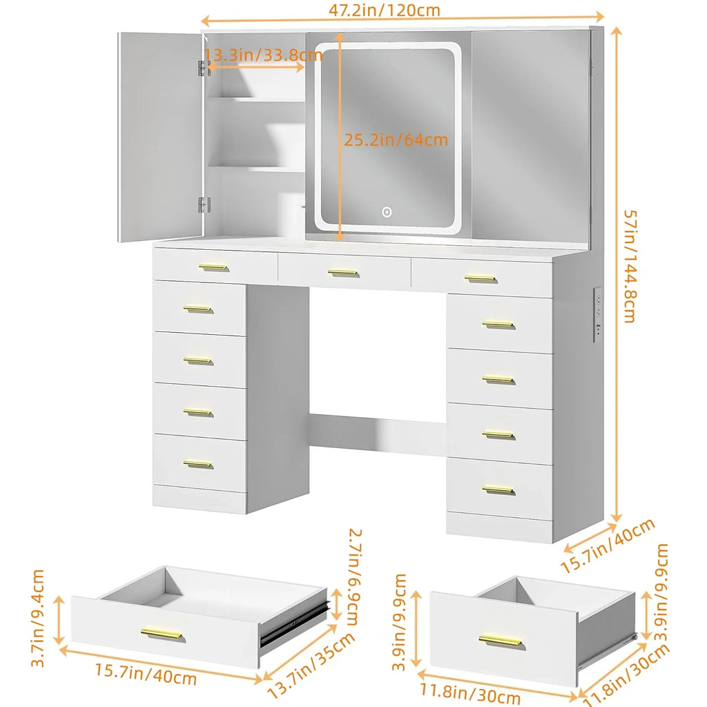 Tomnk woo White Makeup Vanity Desk with Large Mirror, Adjustable Lights, Storage Drawers & Power Outlets