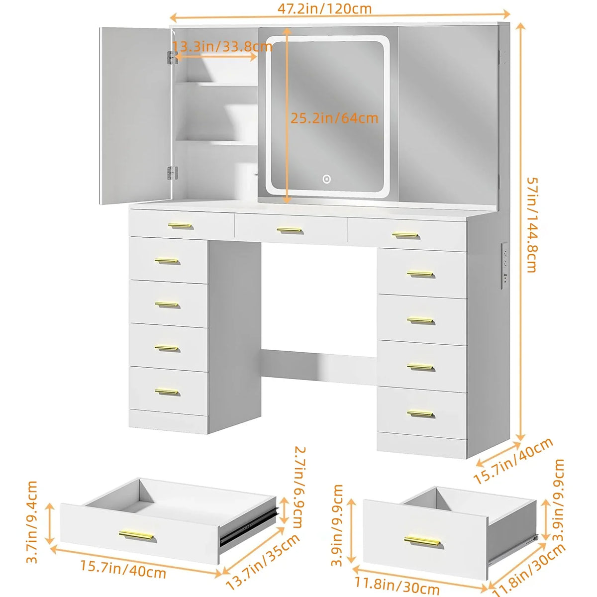 Tomnk woo White Makeup Vanity Desk with Large Mirror, Adjustable Lights, Storage Drawers & Power Outlets