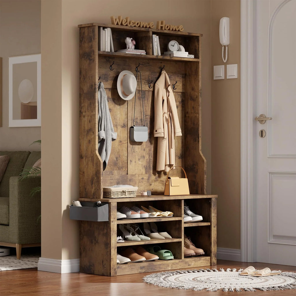 Lofka 5-in-1 Hall Tree with Bench and Shoe Storage, Entryway Hall Tree with Coat Rack, Adjustable Shoe Storage, 2-tier top storage,White