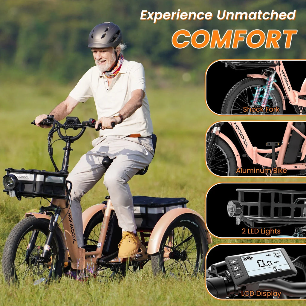 MOONCOOL TK1 Folding Electric Tricycle for Adults,48V 14.5Ah Removable battery, 500W"Peak 1000w"Motor, 20" Fat Tire Step-Thru 3Wheel Electric Bicycle w/Front&Rear Baskets, Certified to UL 2849 by SGS