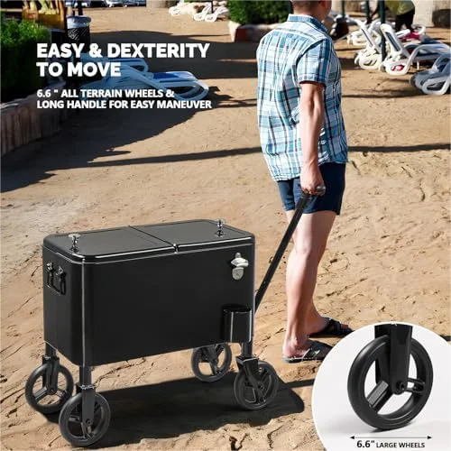 80 Quart Wagon Rolling Cooler Ice Chest, /Long Handle and 10" Wheels, Portable Beach Patio Party Bar Cold Drink Beverage, Outdoor Park Cart on Wheels