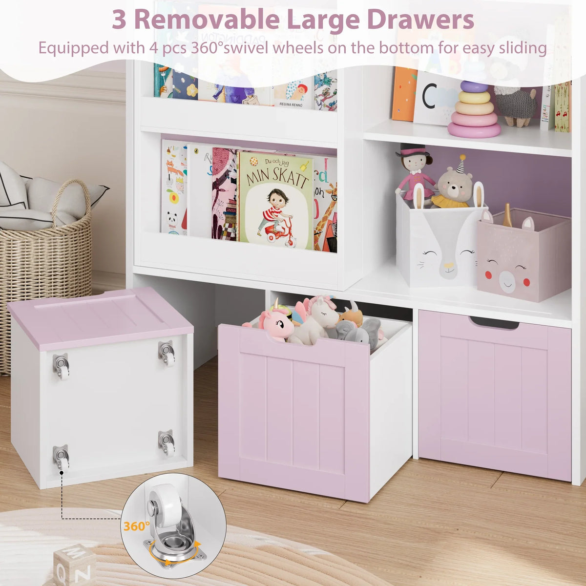 Homfa 6 Cube Toy Storage, Cube Organizer with Sliding Rack, 3 Drawer Kids Bookcase and Bookshelf, White