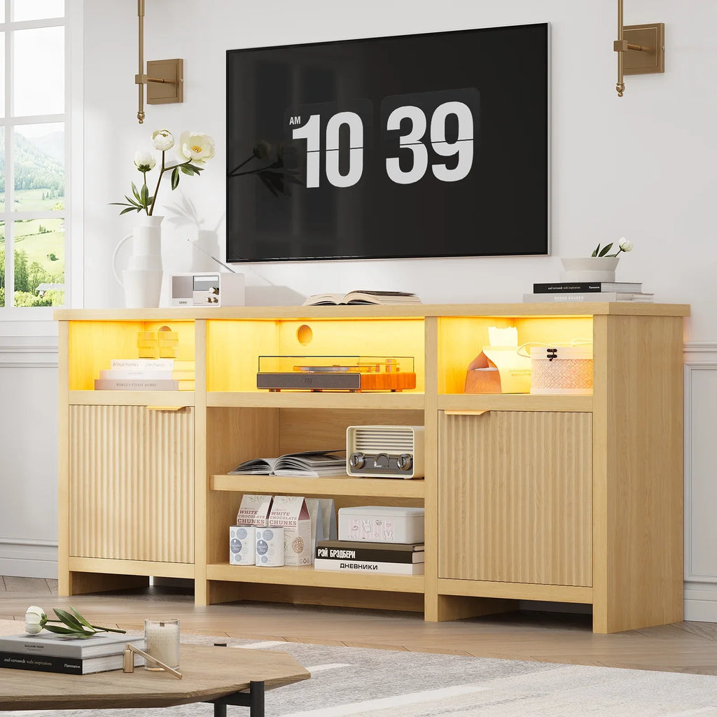 Planntonneo Mid-Century Modern Fluted TV Stand Wooden Media Console Entertainment Center for Living Room, Walnut Color