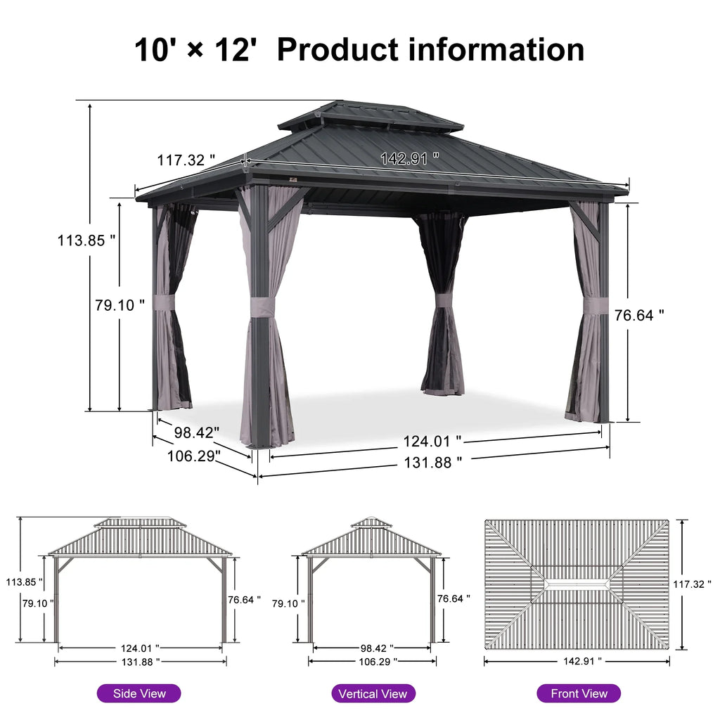 PURPLE LEAF 8' X 8' Gazebo Outdoor Gazebo Permanent Hardtop Gazebo with Galvanized Steel Double Roof for Patio Backyard Deck Aluminum Gazebo with Netting and Curtains Grey