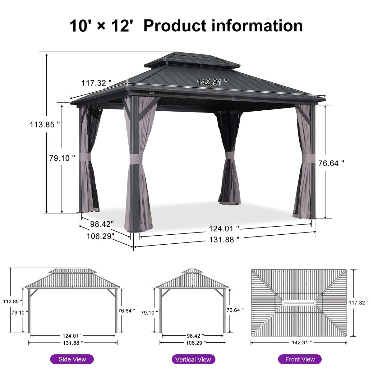 PURPLE LEAF 8' X 8' Gazebo Outdoor Gazebo Permanent Hardtop Gazebo with Galvanized Steel Double Roof for Patio Backyard Deck Aluminum Gazebo with Netting and Curtains Grey