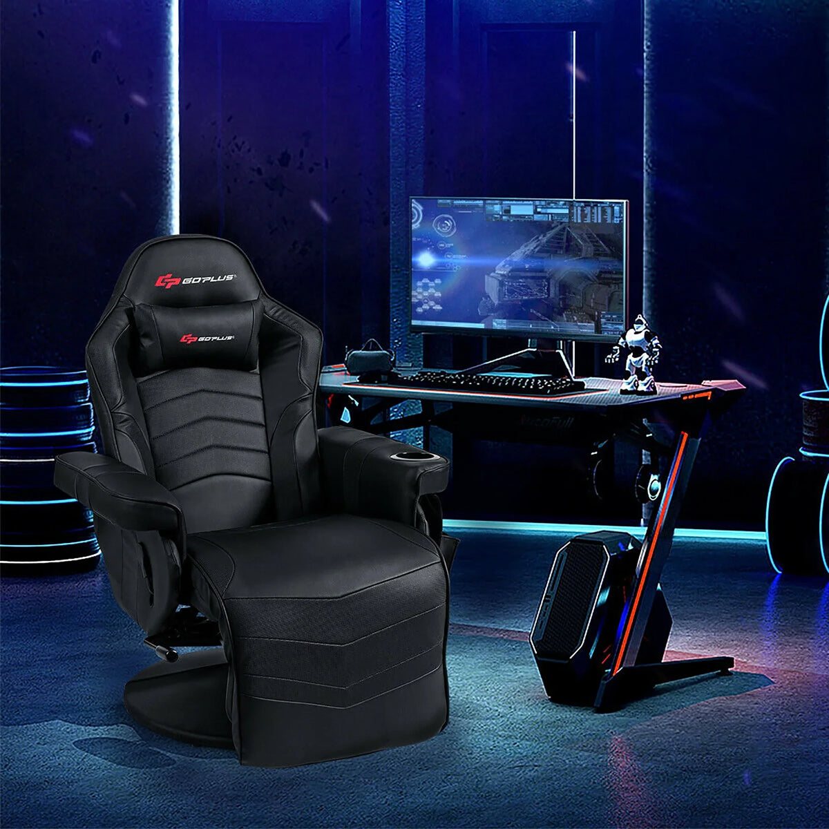 Goplus Massage Gaming Recliner Reclining Racing Chair Swivel Black