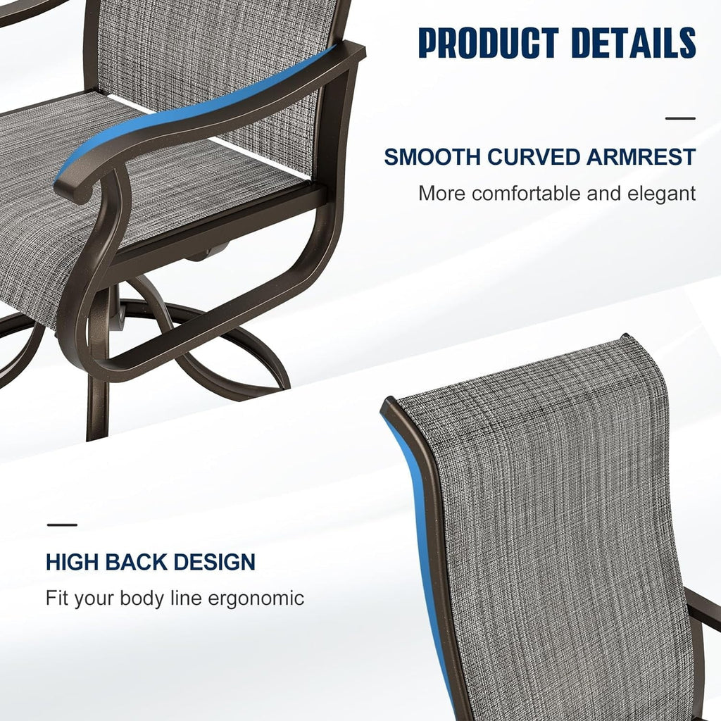 Techmilly Patio Swivel Chairs Set of 2, Outdoor Dining Chairs High Back Padded All Weather Breathable Textilene Outdoor Swivel Chairs with Metal Rocking Frame for Lawn Garden Backyard Deck, Dark Grey
