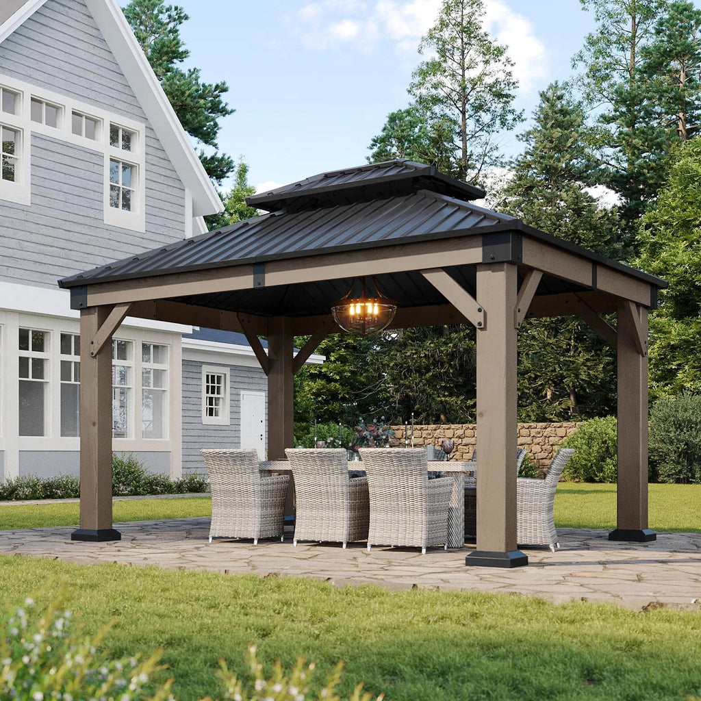 Aoxun 12' x 16' Outdoor Wood Gazebo, Hardtop Gazebo Permanent Wooden Pavilion with Galvanized Steel Double Roof, for Patio, Garden, Backyard, Cedar Wood
