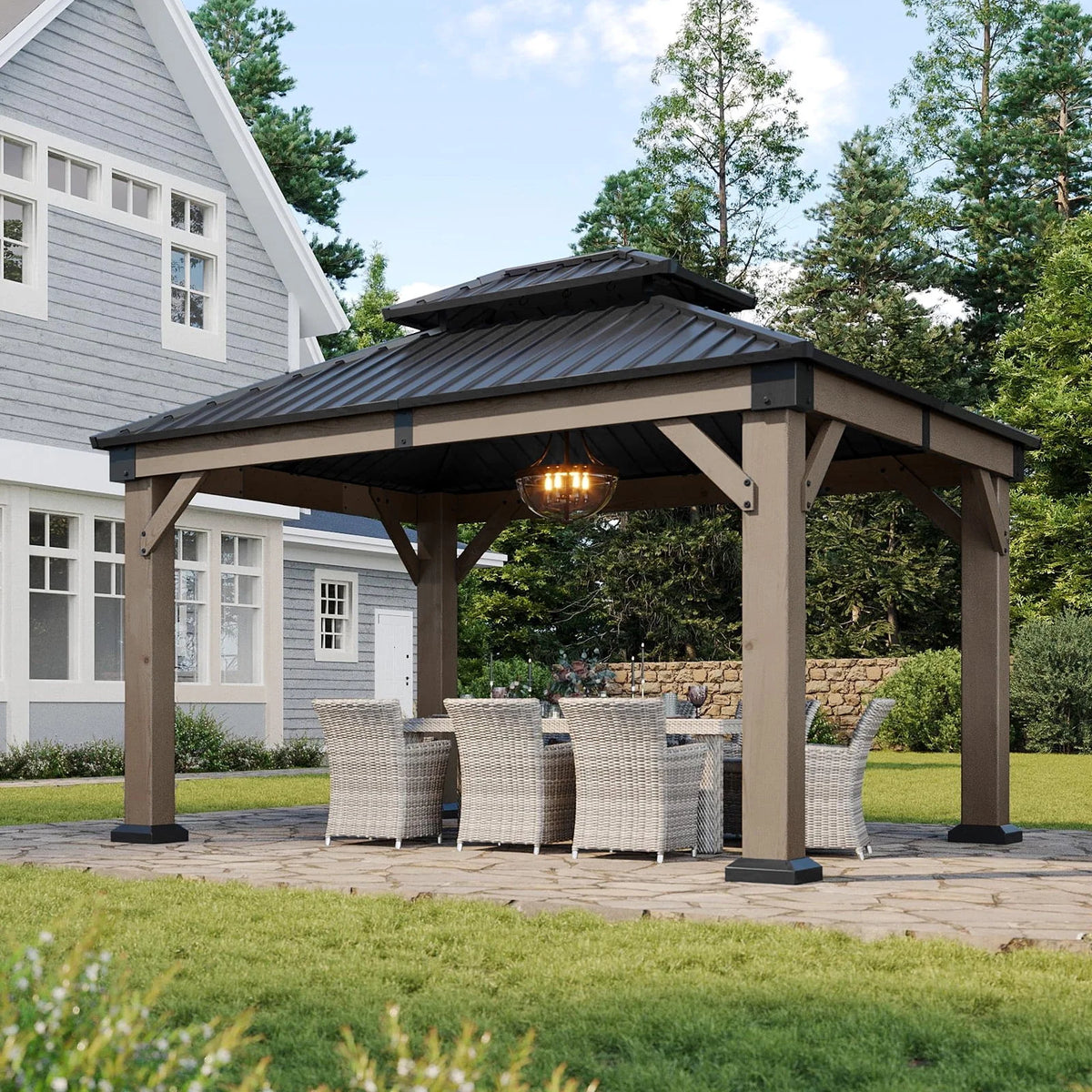 Aoxun 12' x 16' Outdoor Wood Gazebo, Hardtop Gazebo Permanent Wooden Pavilion with Galvanized Steel Double Roof, for Patio, Garden, Backyard, Cedar Wood