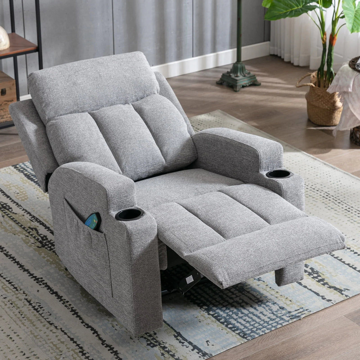 Bonzy Home Heated Manual Massage Recliner with Cup Holder Padded Breathable Fabric Recliner, Home Theater Seating"Navy