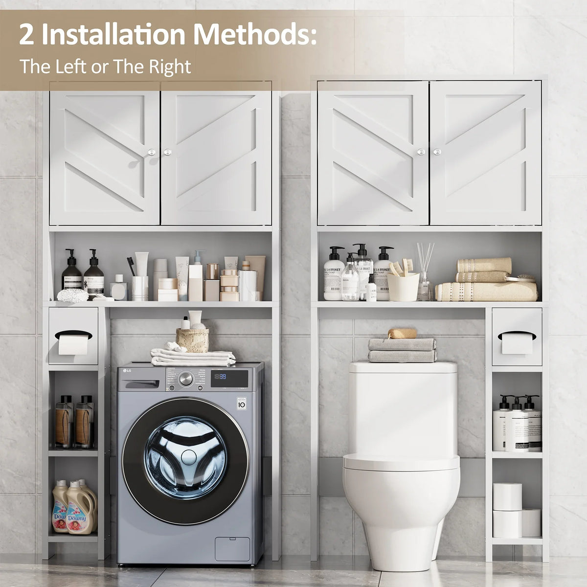 Walsunny Over the Toilet Storage Cabinet with Doors Side Storage Toilet Paper Holder Stand Space Saver Shelf Organizer Rack Freestanding for Restroom Bathroom Laundry Gray