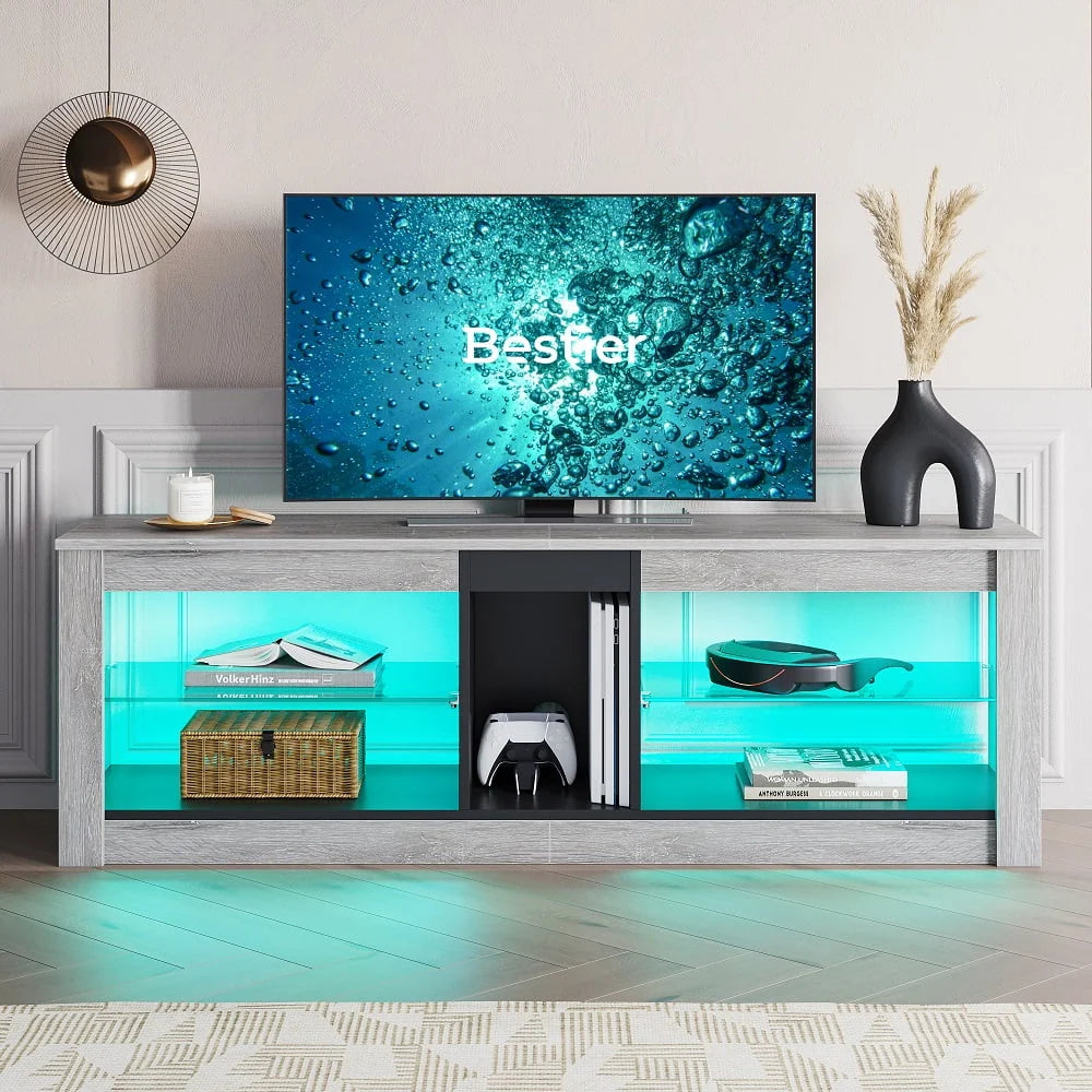 Bestier Entertainment Center with LED Lights TV Stand Media Console Table for TVs up to 60" in Light Grey