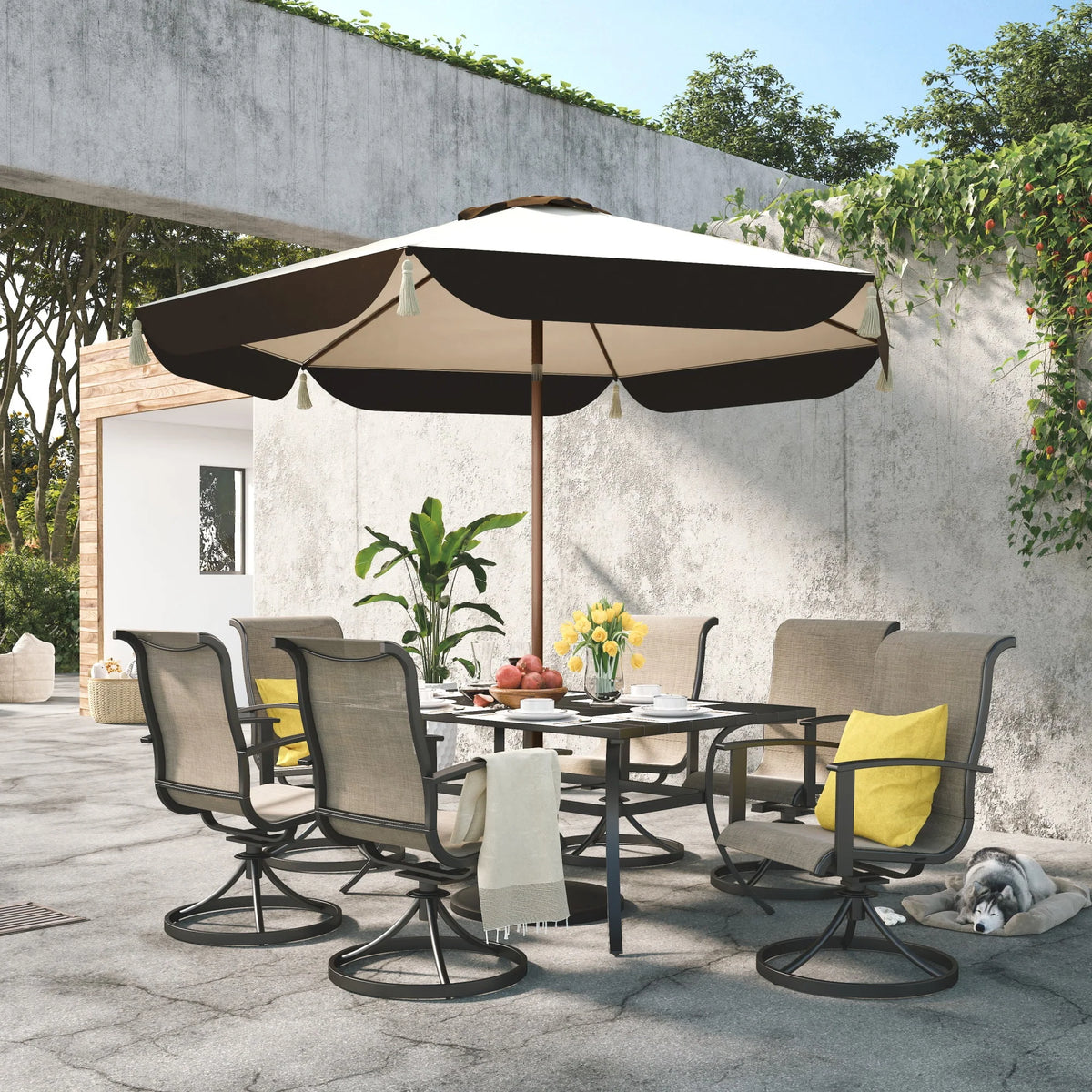 Grand Patio Ourdoor 9 ft Patio Umbrella with Fringe Tessels Market Umbrella & Push Button Tilt & Crank