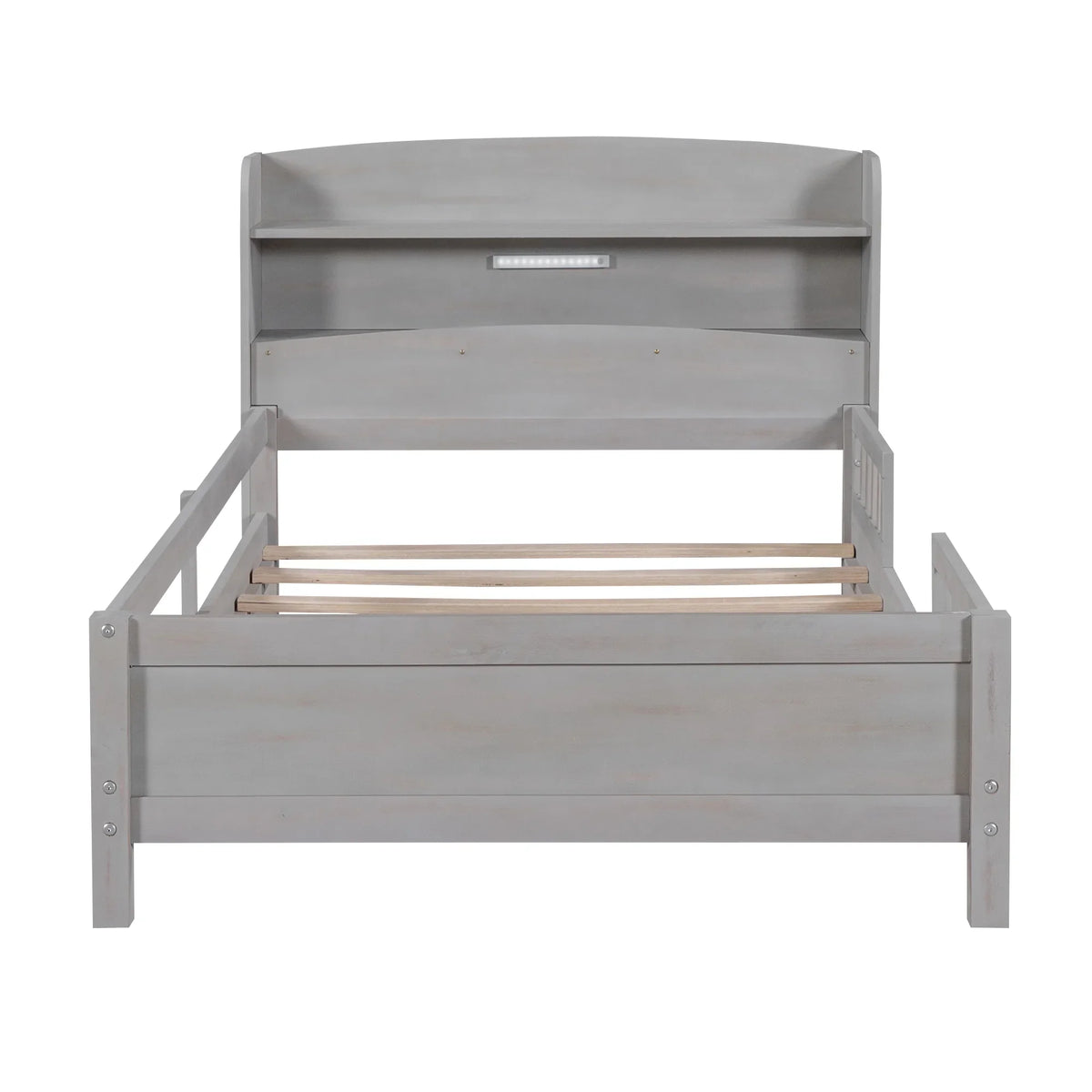 Euroco Wood Twin Size Platform Bed with Storage Headboard, Shelves and LED Light for Kids, Gray