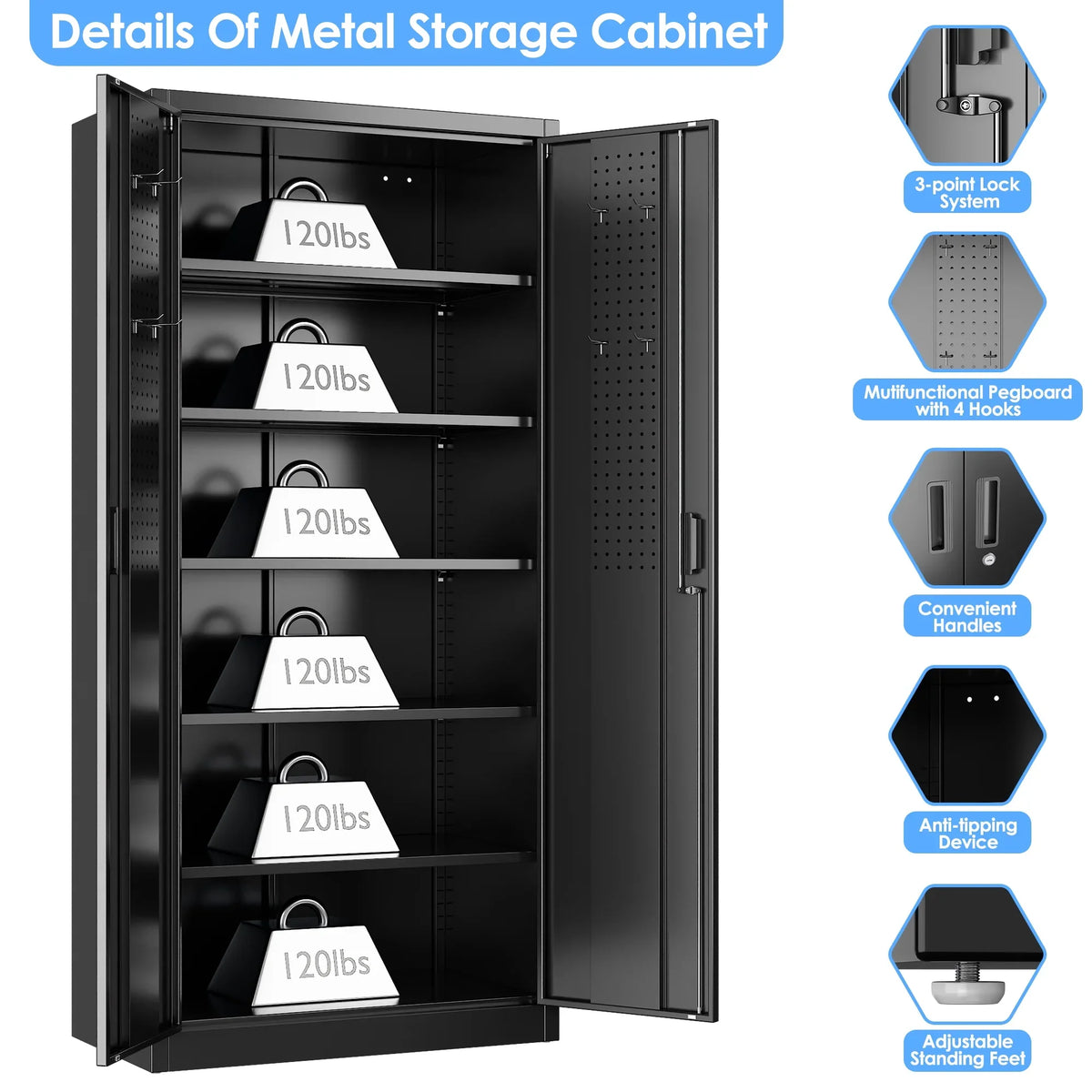 GAEANET 2 Door Metal Storage Cabinet with 5 Adjustable Shelves &Pegboard, 71" H"32" W"16" D Locking Steel Garage Cabinet, for Garage,Office,Home,Gym,School, File Cabinet,Assembly Required, Black