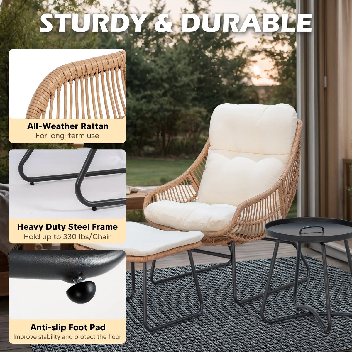 Tappio Wicker Papasan Egg Chair with Ottoman, Outdoor Patio Basket Lounge Chair Indoor Oversized Egg Lounger with Thick Cushion for Living Room Bedroom Balcony Porch, Black