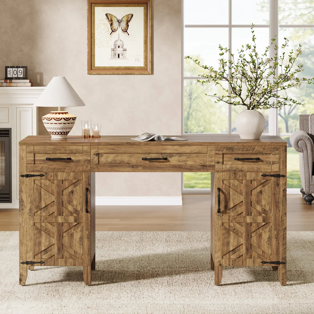 Tribesigns 59" Computer Desk with Drawers, Farmhouse Wooden Office Executive Desk with Files Storage Cabinets