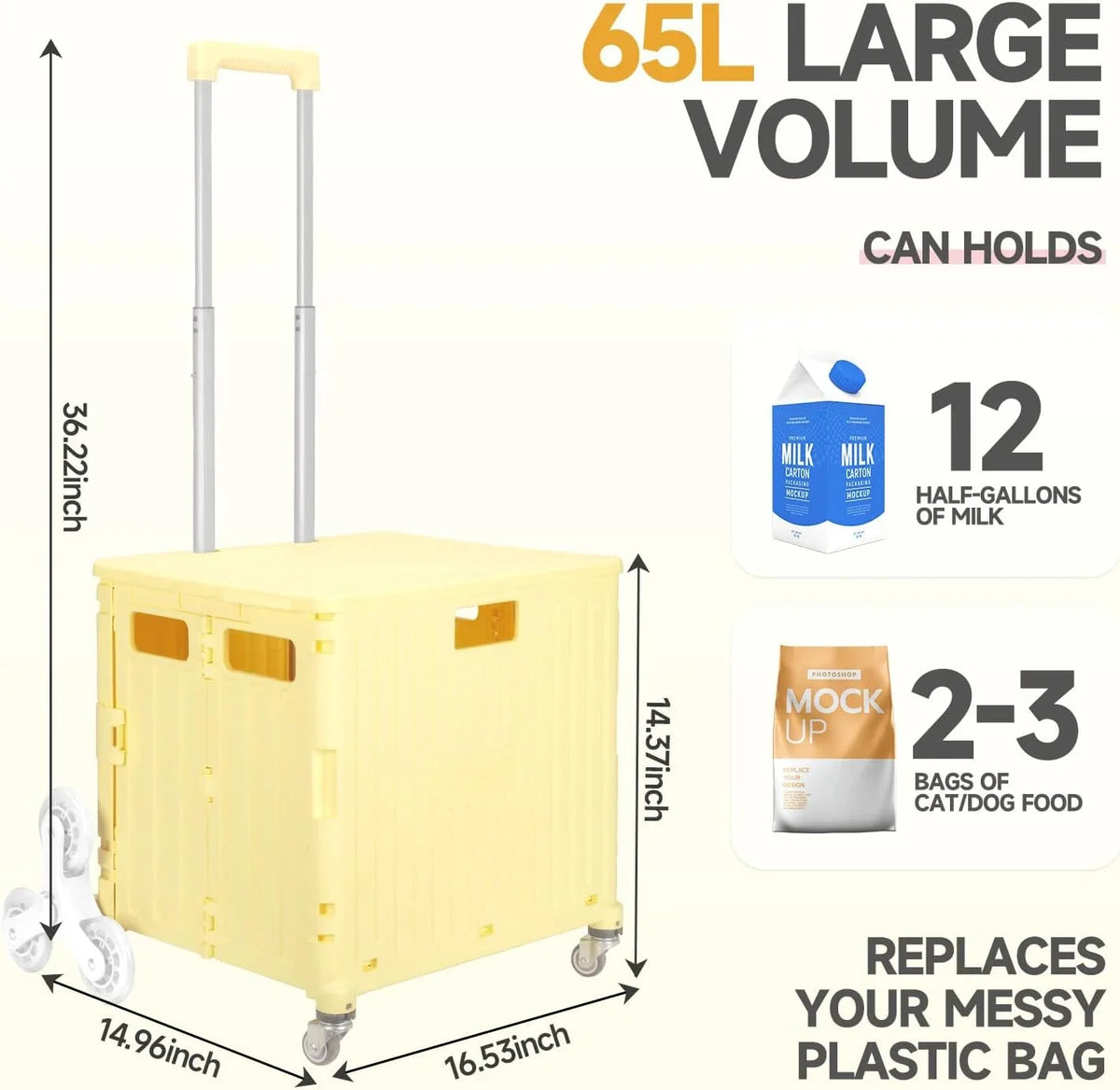 Collapsible Rolling Crate for Stair Climbing: Rolling Cart for Shopping Teacher Laundry (Milky White)