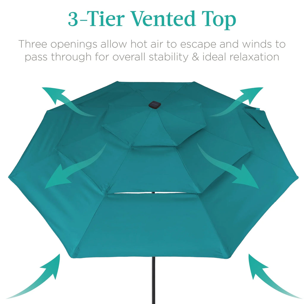 Best Choice Products 10ft 3-Tier Solar Patio Umbrella w/ 24 LED Lights, Tilt Adjustment, Easy Crank - Tan
