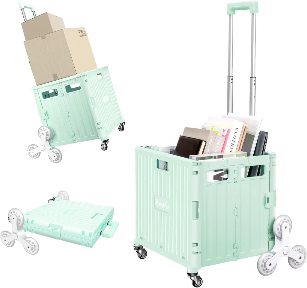 Collapsible Rolling Crate for Stair Climbing: Rolling Cart for Shopping Teacher Laundry (Milky White)