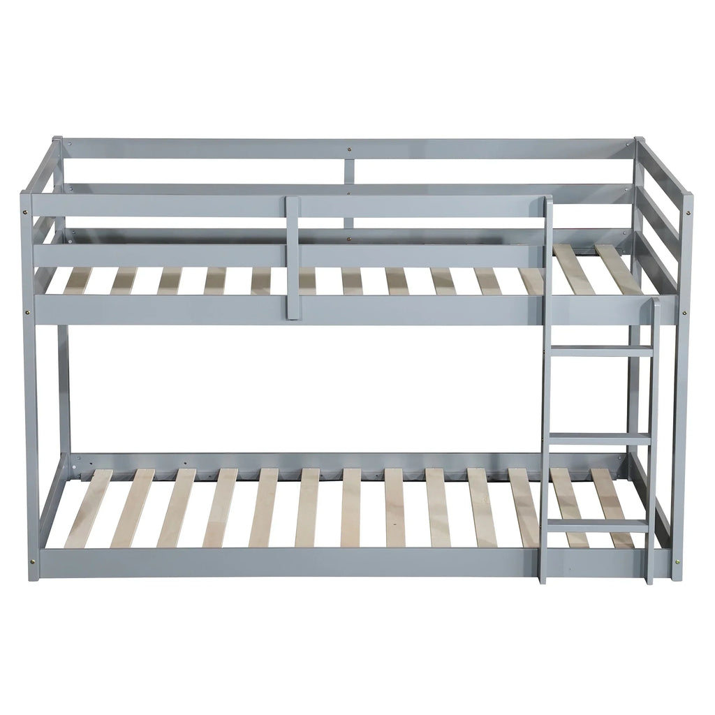 Twin Over Twin Floor Bunk Bed, UHOMEPRO Solid Wood Low Bunk Bed with Safety Rail, Ladder, Heavy Duty Bunk Beds, Space-Saving Bedroom Dorm Furniture, Gray