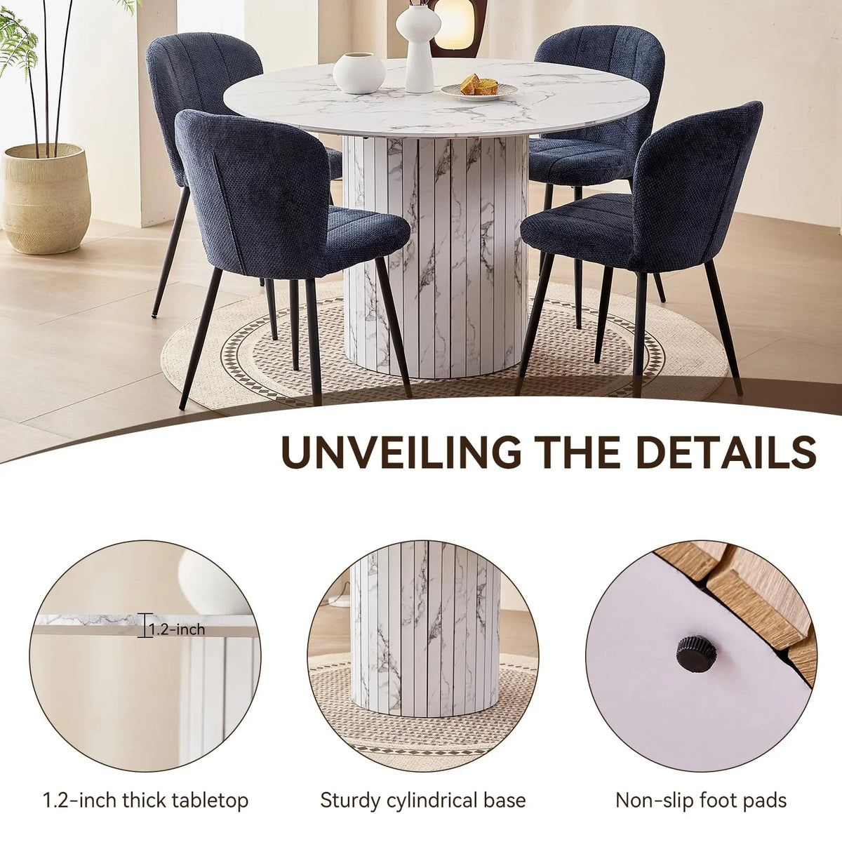 47 inches Modern Round Dining Table, Wood Kitchen Table for 4 with Two-part Tabletop and Wooden Strip Columns Base, Farmhouse Table for Kitchen, Dinning Room, Oak