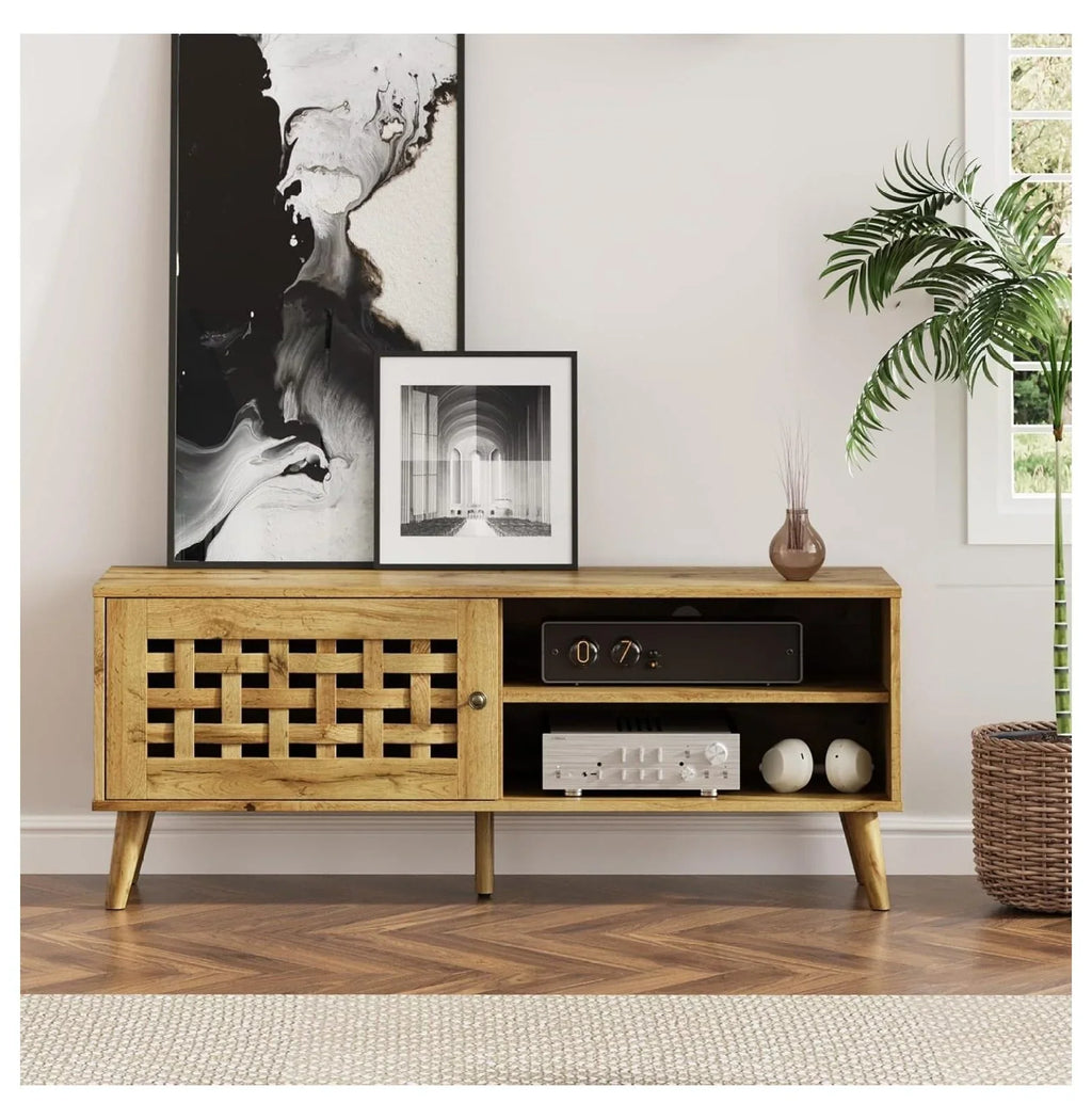 Rattan TV Stand, Fluted TV Stand with Storage, 47 inch Rattan Entertainment Center, Media Console Cabinet for Living Room, Bedroom 47'' -1 Door