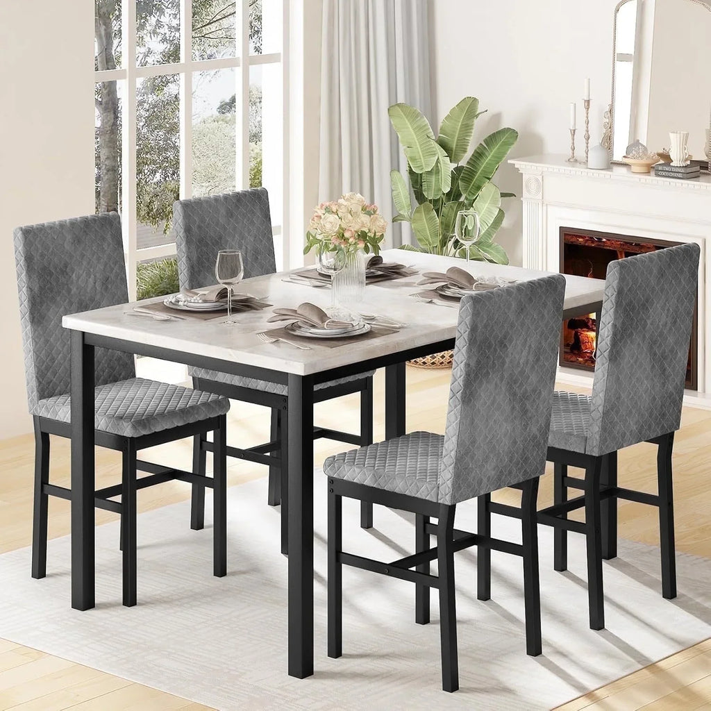Baxluxe Dining Table Set for 4, Modern 5 Piece Dining Table Set, Faux Marble Kitchen Table and 4 Velvet Upholstered Chairs for Apartments, Dining Rooms, Small Spaces, Gray